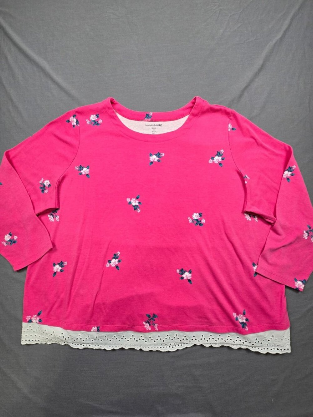 Woman Within 3X Top Pink Floral Lace Hem 30/32 Lightweight Casual Shirt